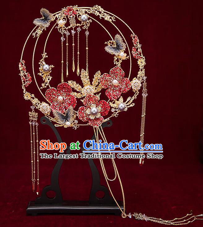 Chinese Traditional Wedding Red Crystal Flower Palace Fans Ancient Bride Prop Round Fan for Women