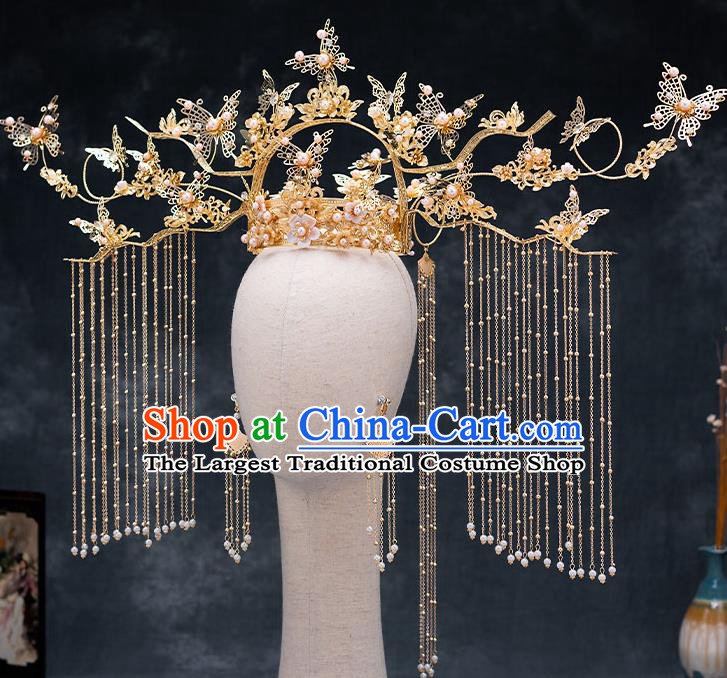 Top Chinese Traditional Wedding Phoenix Coronet Bride Handmade Tassel Hairpins Hair Accessories Complete Set