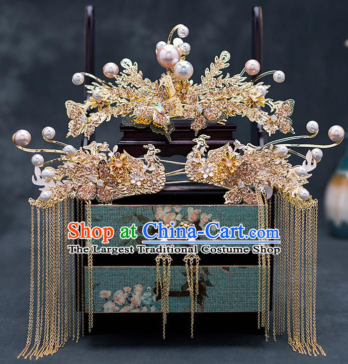 Top Chinese Traditional Wedding Golden Phoenix Hair Comb Bride Handmade Tassel Hairpins Hair Accessories Complete Set