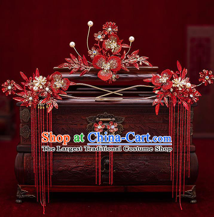 Top Chinese Traditional Wedding Red Flower Hair Comb Bride Handmade Tassel Hairpins Hair Accessories Complete Set