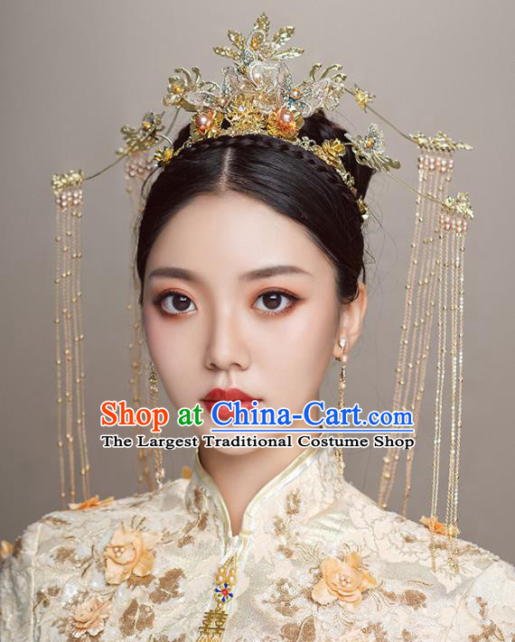 Top Chinese Traditional Wedding Phoenix Tassel Hair Crown Bride Handmade Hairpins Hair Accessories Complete Set