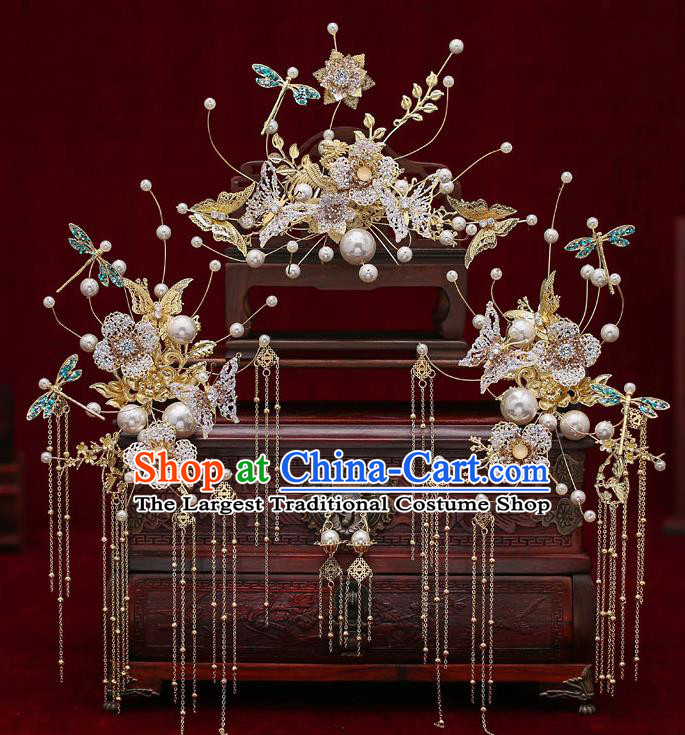 Top Chinese Traditional Wedding Butterfly Flowers Hair Comb Bride Handmade Hairpins Hair Accessories Complete Set