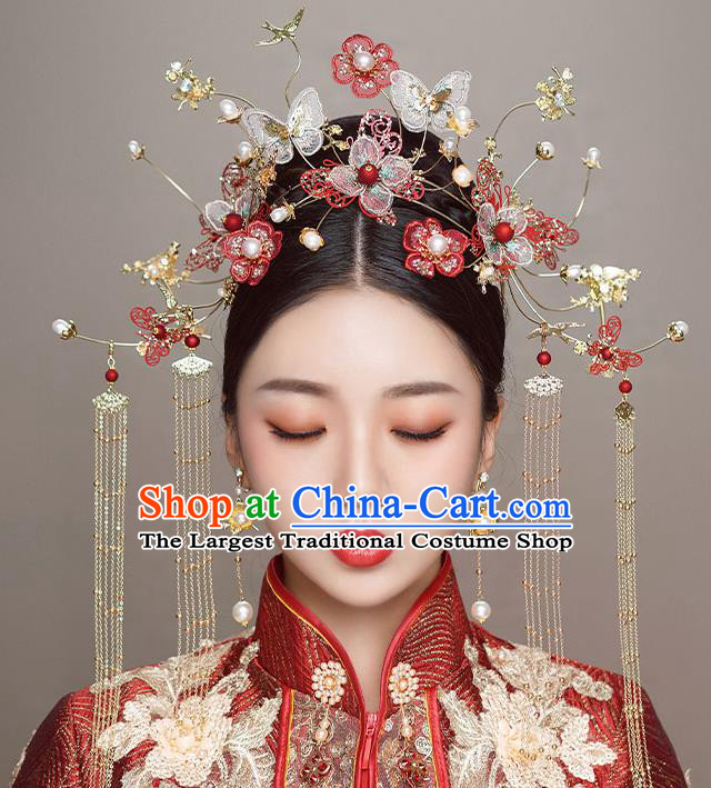 Top Chinese Traditional Wedding Butterfly Red Flowers Hair Clasp Bride Handmade Hairpins Hair Accessories Complete Set