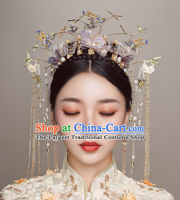 Top Chinese Traditional Wedding Lilac Flowers Hair Crown Bride Handmade Hairpins Hair Accessories Complete Set