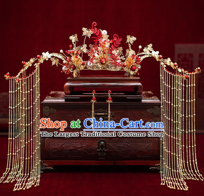 Top Chinese Traditional Wedding Golden Tassel Hair Crown Bride Handmade Hairpins Hair Accessories Complete Set