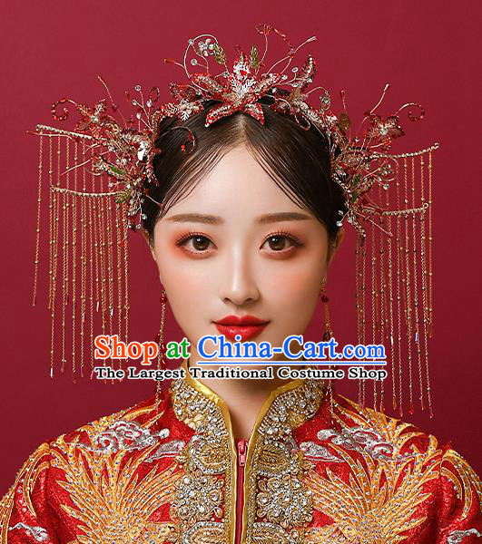 Top Chinese Traditional Wedding Red Star Tassel Hair Clasp Bride Handmade Hairpins Hair Accessories Complete Set