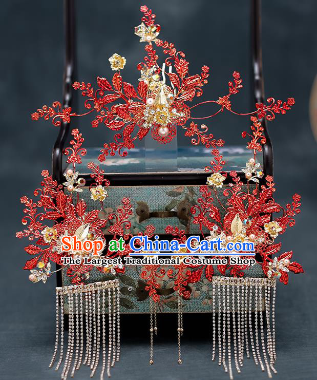 Top Chinese Traditional Wedding Hair Comb Bride Handmade Red Leaf Hairpins Hair Accessories Complete Set