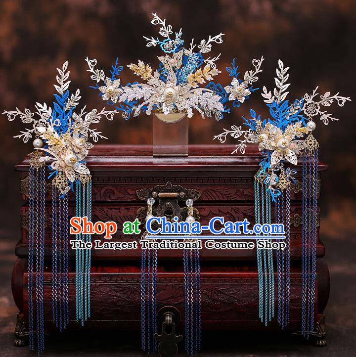 Top Chinese Traditional Wedding Blue Leaf Tassel Hair Comb Bride Handmade Hairpins Hair Accessories Complete Set