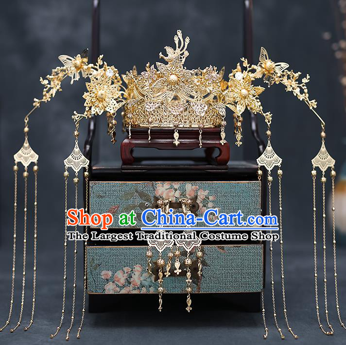 Top Chinese Traditional Wedding Tassel Phoenix Coronet Bride Handmade Hairpins Hair Accessories Complete Set