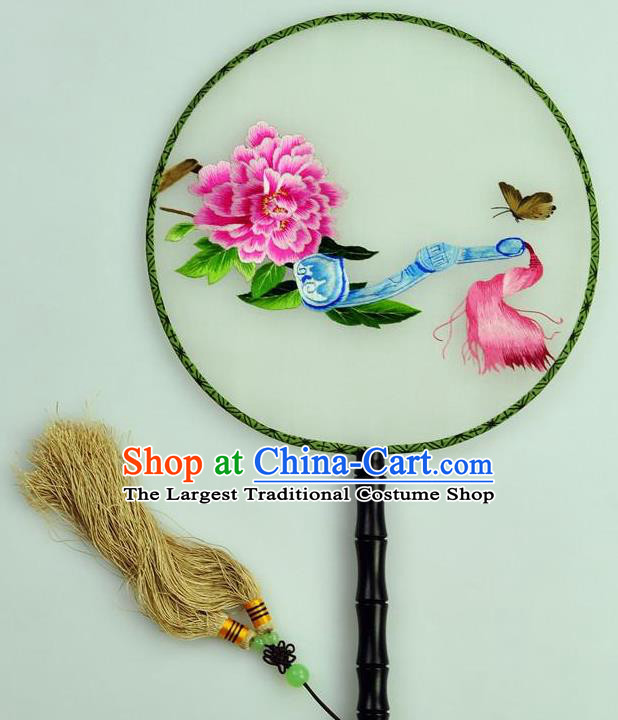 Chinese Traditional Embroidered Peony Silk Fans Craft Handmade Su Embroidery Palace Fan Round Fan