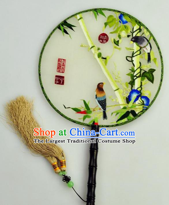 Chinese Traditional Embroidered Bamboo Silk Fans Craft Handmade Su Embroidery Petunia Birds Palace Fan Round Fan