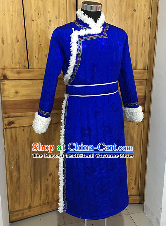 Chinese Mongolian Nationality Winter Garment Traditional Mongol Ethnic Minority Costume Royalblue Cotton Wadded Robe for Men