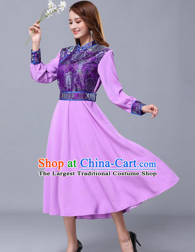 Chinese Traditional Mongolian Nationality Lilac Dress Minority Garment Mongol Ethnic Stand Collar Costume for Women