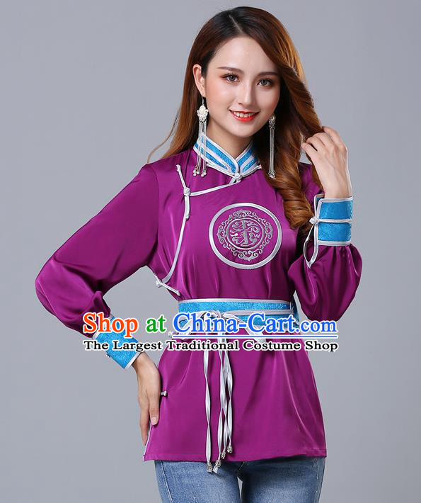 Chinese Traditional Mongolian Minority Purple Satin Blouse Mongol Ethnic Nationality Upper Outer Garment Costume for Women