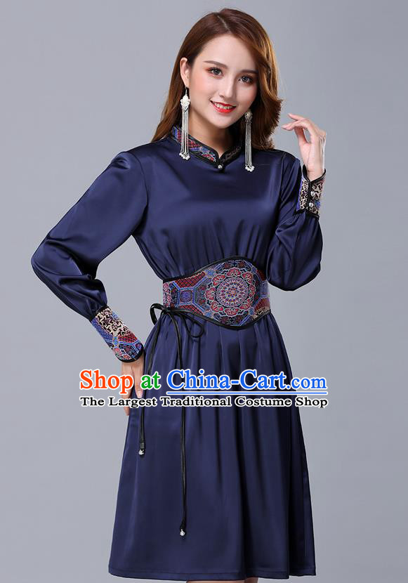 Chinese Traditional Mongolian Embroidered Navy Short Dress Minority Garment Mongol Ethnic Nationality Stand Collar Costume for Women