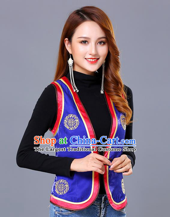 Chinese Mongol Ethnic Nationality Royalblue Satin Vest Traditional Mongolian Minority Garment Waistcoat Costume for Women