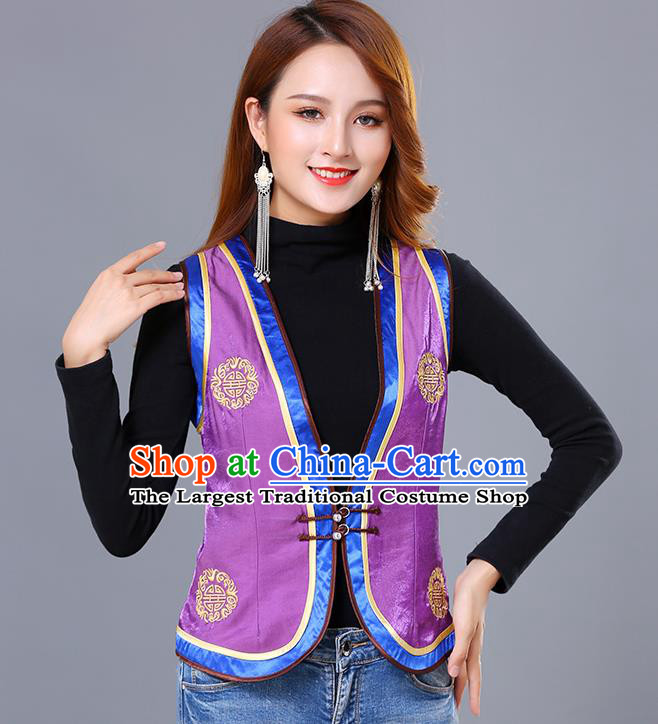 Chinese Mongol Ethnic Nationality Purple Satin Vest Traditional Mongolian Minority Garment Waistcoat Costume for Women