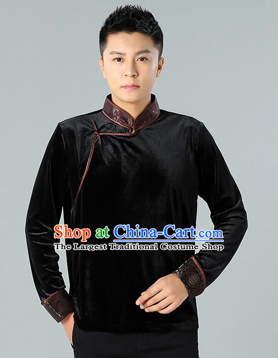 Chinese Mongolian Nationality Upper Outer Garment Traditional Mongol Ethnic Minority Costume Black Pleuche Shirt for Men