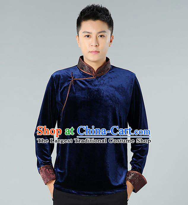 Chinese Mongolian Nationality Upper Outer Garment Traditional Mongol Ethnic Minority Costume Deep Blue Pleuche Shirt for Men