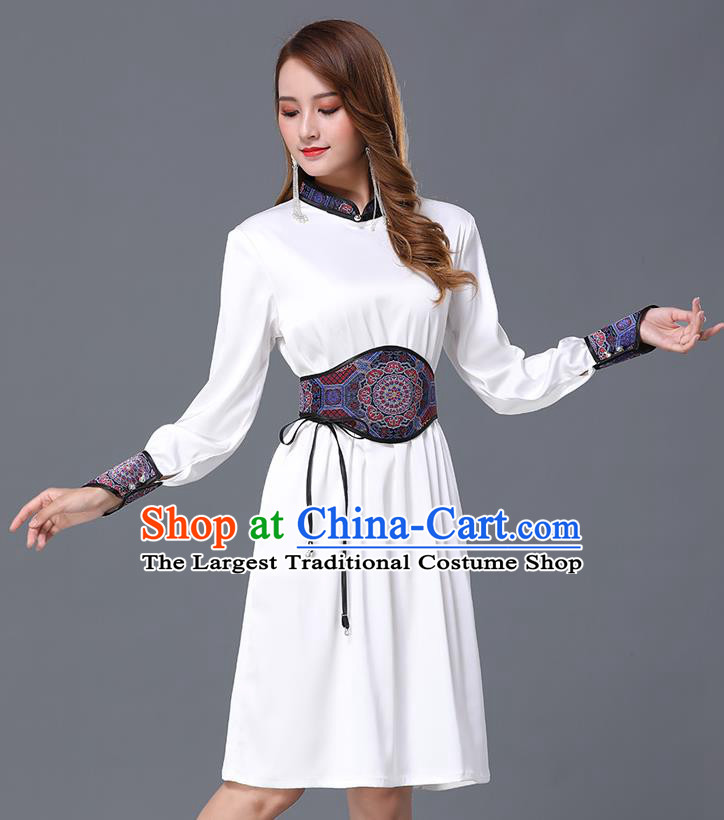 Chinese Traditional Mongolian Embroidered White Short Dress Minority Garment Mongol Ethnic Nationality Stand Collar Costume for Women