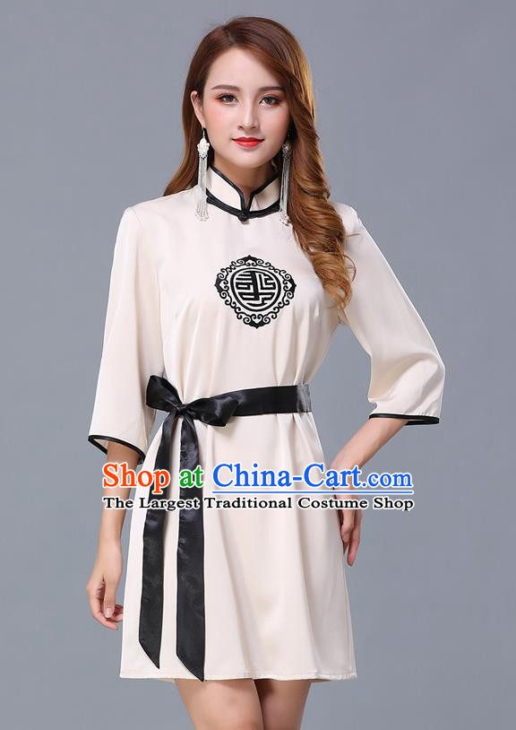 Chinese Traditional National Beige Short Dress Mongolian Minority Garment Mongol Ethnic Nationality Costume for Women