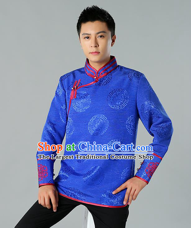 Chinese Mongol Nationality Upper Outer Garment Traditional Ethnic Minority Costume Royalblue Jacket for Men