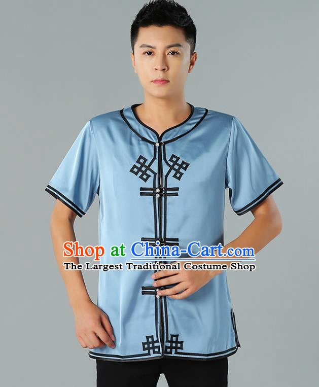 Chinese Mongol Nationality Blue Silk Short Sleeve Shirt Traditional Ethnic Minority Costume Upper Outer Garment for Men