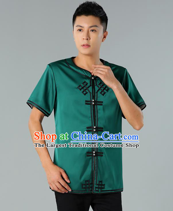 Chinese Mongol Nationality Green Silk Short Sleeve Shirt Traditional Ethnic Minority Costume Upper Outer Garment for Men