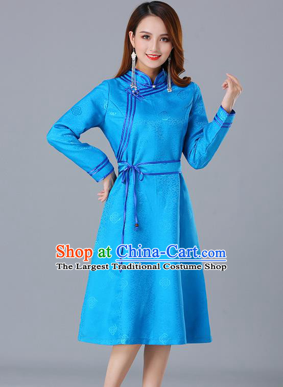 Chinese Traditional Mongol Ethnic Blue Brocade Dress Costume Mongolian Minority Woman Informal Garment