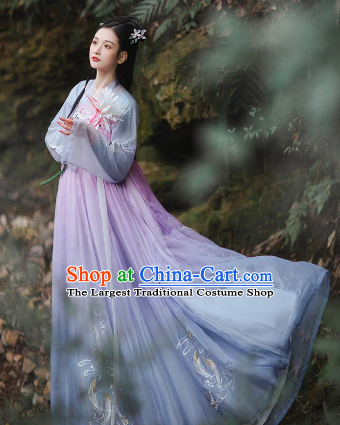 Chinese Traditional Palace Hanfu Blue Blouse and Dress Ancient Tang Dynasty Royal Princess Garment Embroidered Costumes Full Set