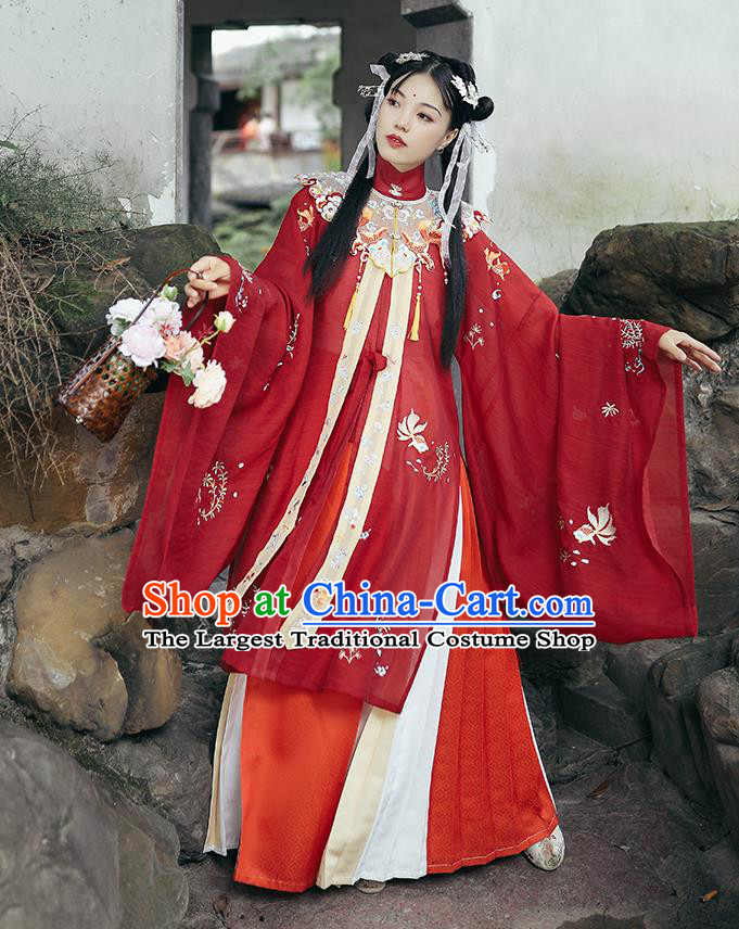 Chinese Traditional Hanfu Garment Ancient Ming Dynasty Palace Princess Costumes Red Blouse Shoulder Collar and Skirt Full Set