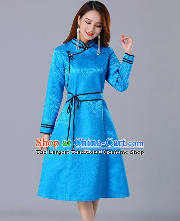 Chinese Traditional Mongol Ethnic Woman Informal Costume Mongolian Minority Garment Blue Brocade Dress