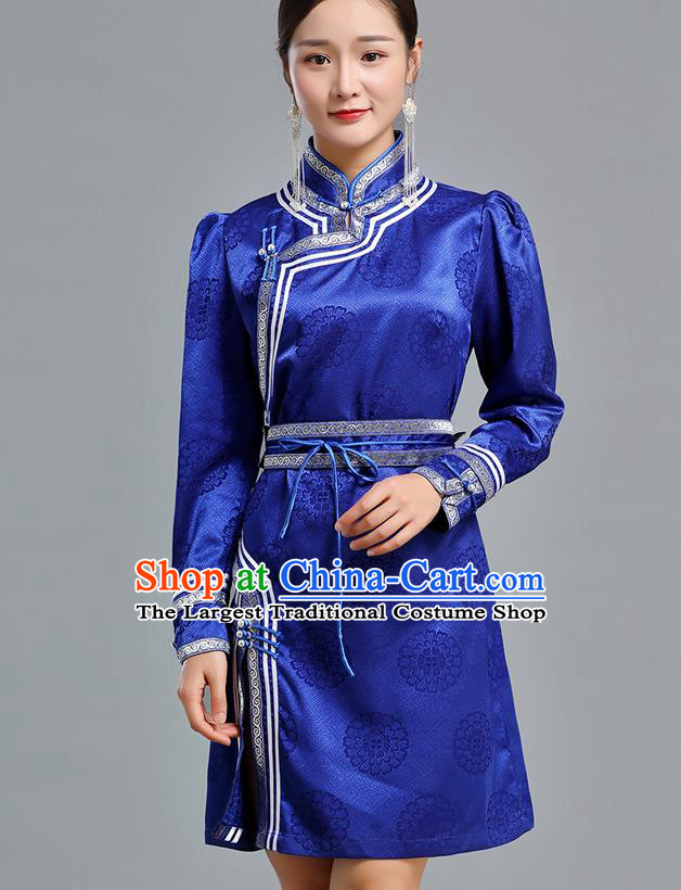 Traditional Chinese Mongolian Nationality Royalblue Brocade Short Dress Ethnic Informal Costume Mongol Minority Garment Woman Apparels