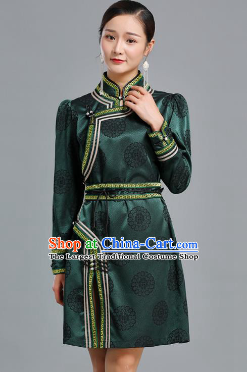 Traditional Chinese Mongolian Nationality Green Brocade Short Dress Ethnic Informal Costume Mongol Minority Garment Woman Apparels