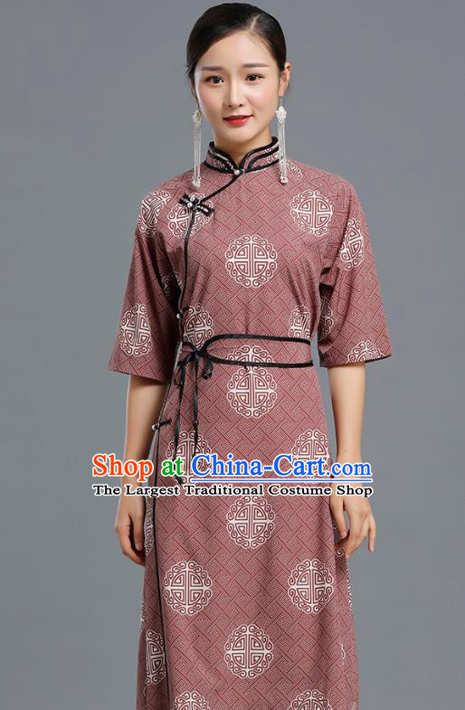 Traditional Chinese Ethnic Informal Costume Woman Apparels Mongol Minority Garment Mongolian Nationality Wine Red Dress