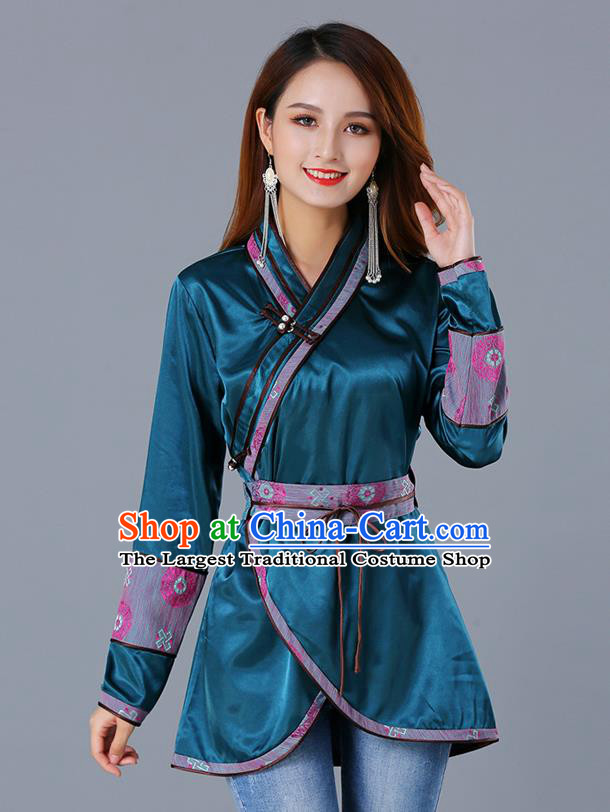 Traditional Chinese Ethnic Woman Dark Green Blouse Apparels Mongol Minority Upper Outer Garment Mongolian Nationality Informal Costume