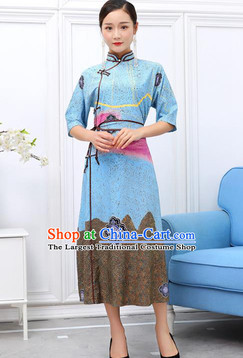 Traditional Chinese Ethnic Blue Chiffon Dress Mongol Minority Garment Costume Mongolian Nationality Informal Apparels for Woman