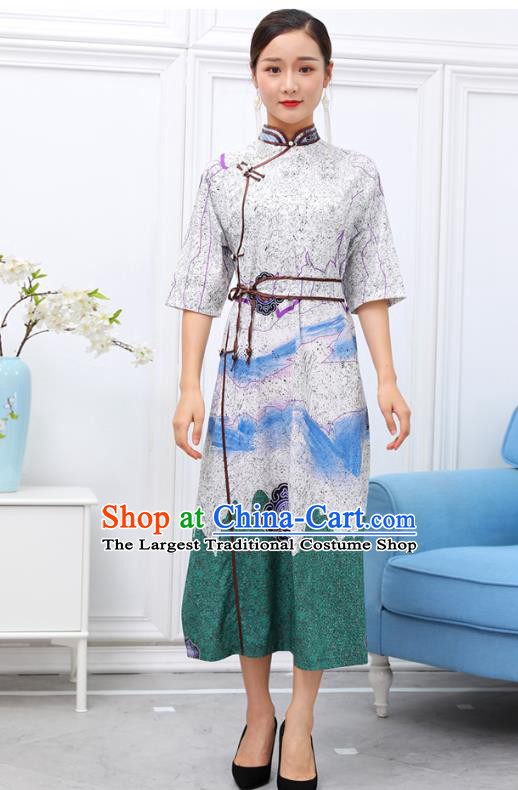 Traditional Chinese Ethnic White Chiffon Dress Mongol Minority Garment Costume Mongolian Nationality Informal Apparels for Woman