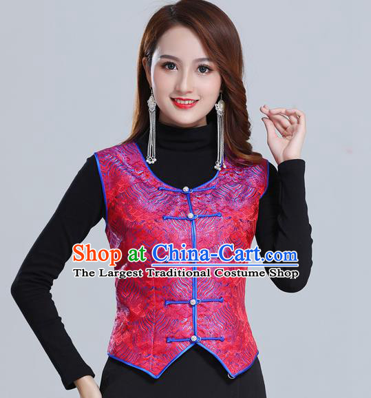 Traditional Chinese Tang Suit Red Brocade Vest Mongol Ethnic Minority Garment Mongolian Nationality Waistcoat Apparels Costume for Woman