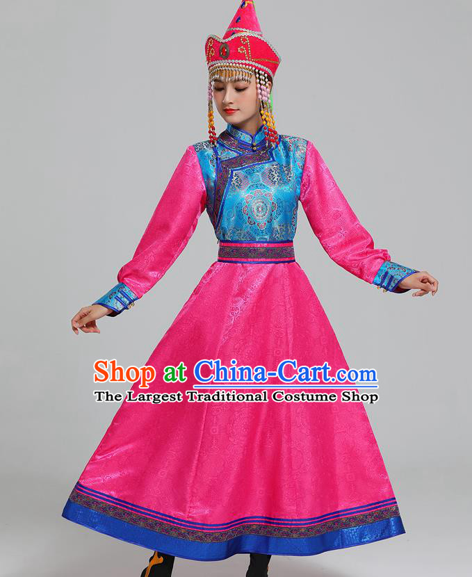 Traditional Chinese Ethnic Folk Dance Costume Mongol Minority Rosy Dress Garment Mongolian Nationality Women Apparels