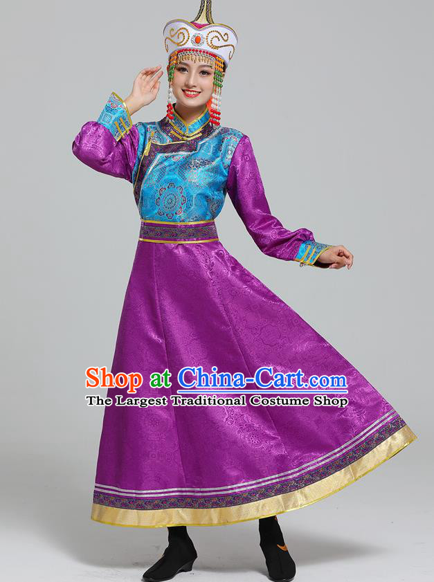 Traditional Chinese Ethnic Folk Dance Costume Mongol Minority Purple Dress Garment Mongolian Nationality Women Apparels