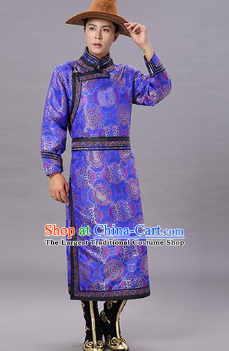 Chinese Traditional Ethnic Dance Garment Mongol Minority Costume Royalblue Brocade Mongolian Robe for Men