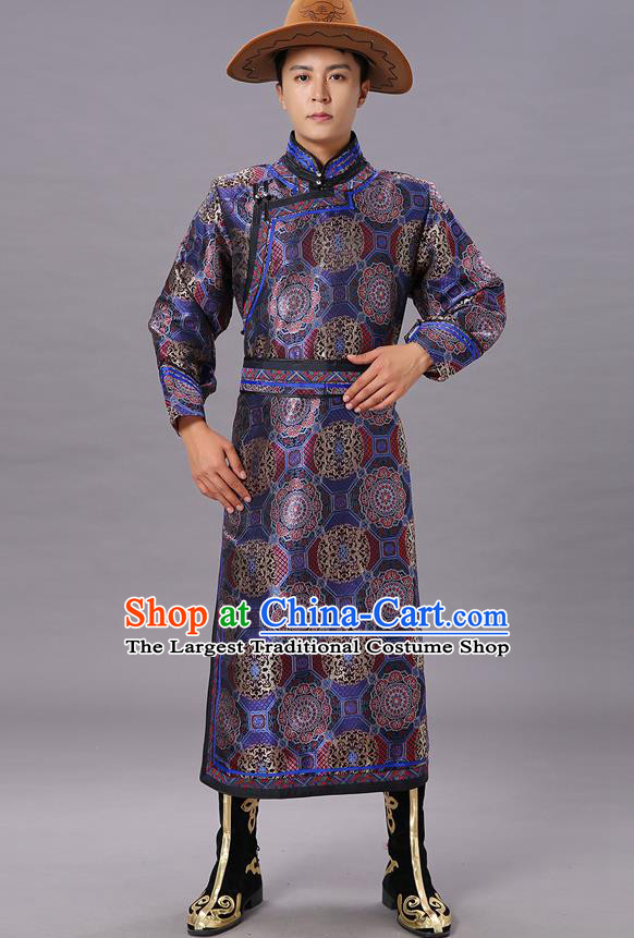 Chinese Traditional Ethnic Dance Garment Mongol Minority Costume Navy Brocade Mongolian Robe for Men