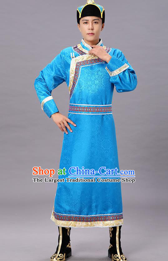 Chinese Traditional Ethnic Blue Brocade Mongolian Robe Dance Garment Mongol Minority Costume for Men