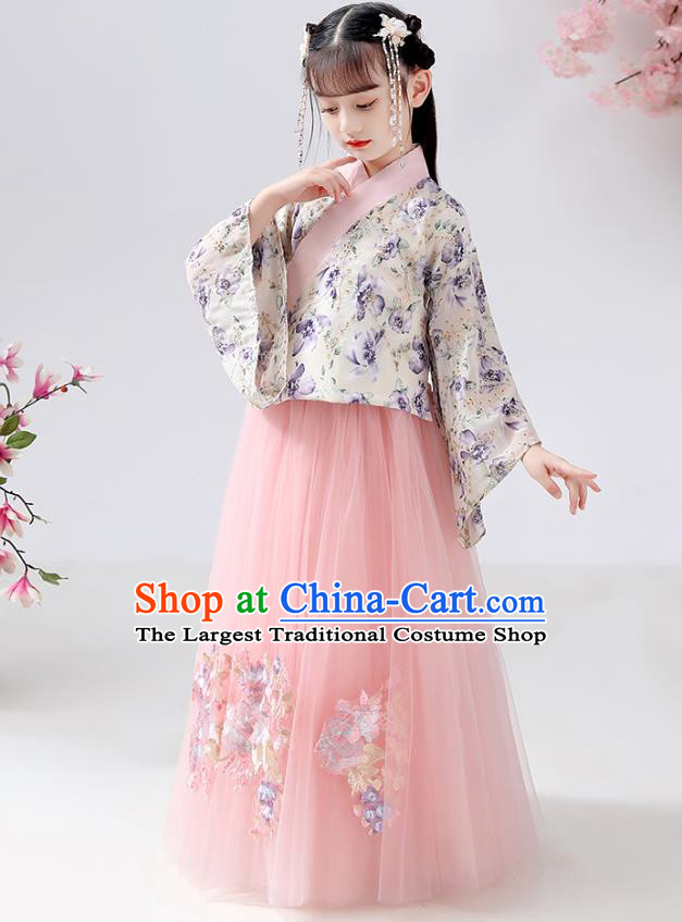 Chinese Ancient Children Costumes Traditional Hanfu Ming Dynasty Girls Printing Blouse and Pink Skirt for Kids