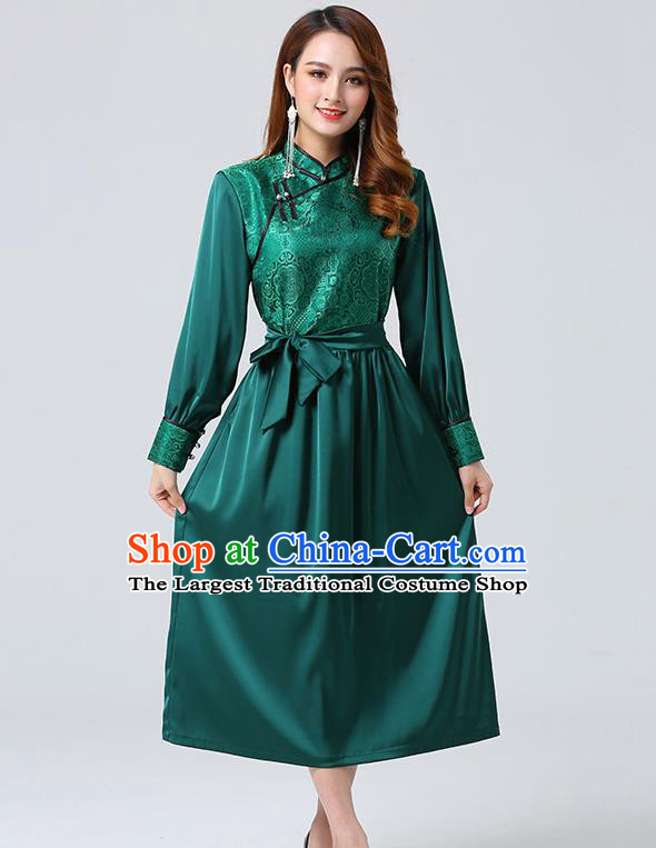 Traditional Chinese Mongol Minority Ethnic Costume Garment Mongolian Nationality Women Deep Green Dress Apparels