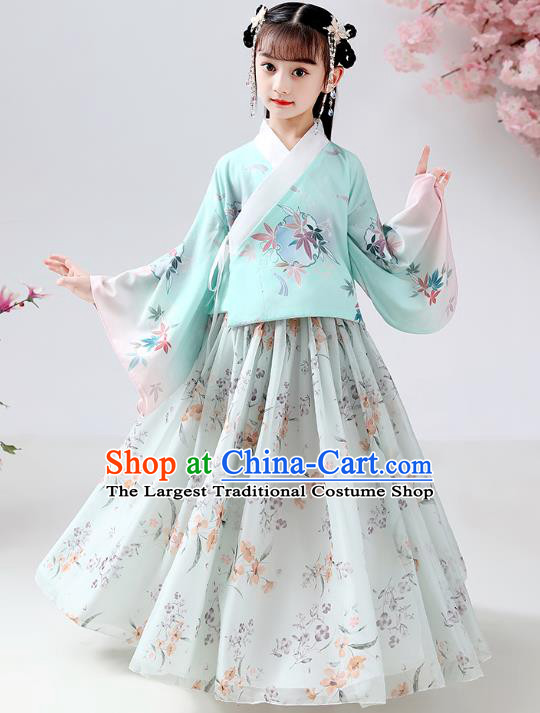 Chinese Ancient Children Costumes Traditional Hanfu Ming Dynasty Girls Green Blouse and Printing Skirt for Kids