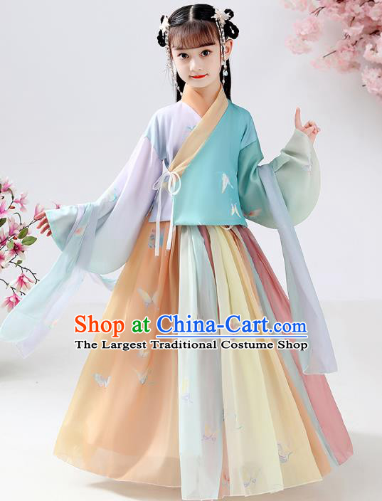 Chinese Ancient Children Butterfly Costumes Traditional Hanfu Ming Dynasty Girls Printing Blouse and Skirt for Kids