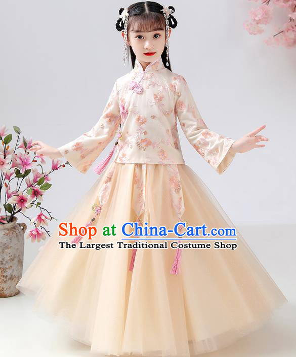 Chinese Traditional Hanfu Ming Dynasty Girls Printing Beige Blouse and Skirt Ancient Children Costumes for Kids