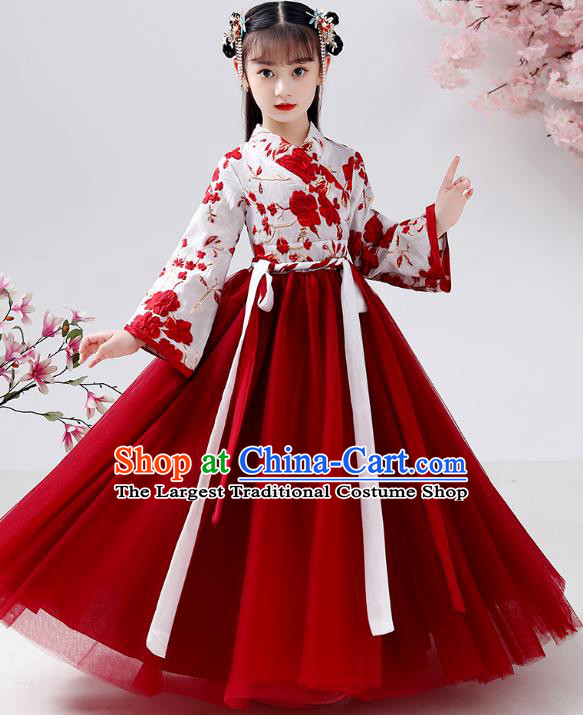 Chinese Traditional Hanfu Ming Dynasty Girls Blouse and Red Skirt Ancient Children Chiffon Costumes for Kids